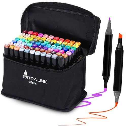 EXTRALINK Alkoholmarker Filzstifte 80 Stück, 2 Sekunde Schnell Trocknende Stifte Set, Marker Stifte mit Doppelseitige Spitze, Lebendige Tintenfarbe, Stifte mit Tragetasche, Zeichnung, Manga