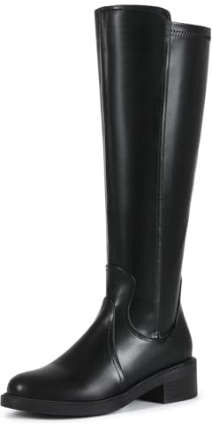 Feinlina Damenstiefel mit niedrigem Absatz, runder Spitze und kniehoher Schaftlänge Kunstlederstiefel mit seitlichem Reißverschluss Schwarz Flache Stiefel