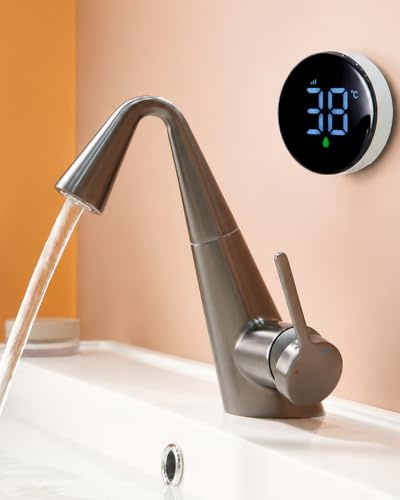 Wasserhahn Bad Grau, 2 Modi Mischbatterie Bad mit LED-Digitalanzeige | Ausziehbarer Mischbatterie Bad, Einhebelmischer Warmes Kaltwasser Armatur Waschbecken, 59A Messing für Badezimmer, RV