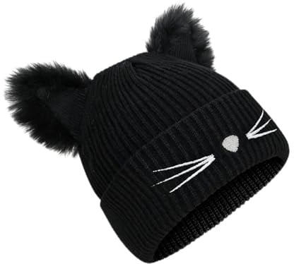 KASLCWA Mütze Damen Katzenohren, Katzenohren Beanie Mütze für Damen, warme Strickmütze, Elastisches Beanie Herbstmütze Winterhüte, Schwarz