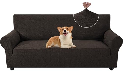 YSTELLAA Sofa Überzug 3 Sitzer Stretch, Kratzfester Sofabezug rutschfest Mit Armlehne, Universal Couch Überzug Dicke, Sofa Cover Waschbare, Für Wohnzimmer, Kaffee