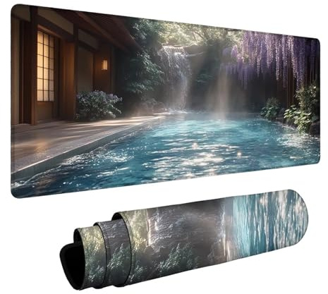 Tapis de Souris Spa Étanche Tapis de Souris Gaming avec Antidérapant Base en Caoutchouc Bords Cousus, Mouse Pad Japon pour Pc Portable Clavier Gamer Deco Bureau Cadeau Homme 60x140x0.3 cm FSBD-6334