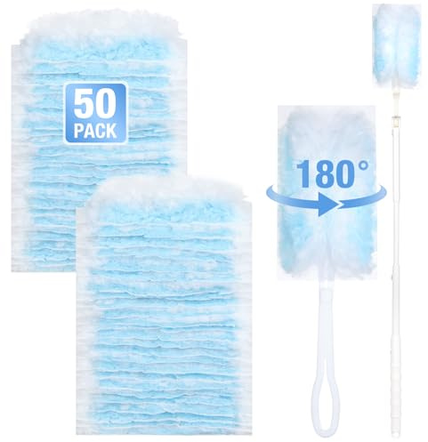 Flintronic 50 PCS Fluffy Duster Refills, 180° Disposable Dust Refill with Long Handle Short Handle for Efficient Cleaning, Office, Desk, Car, Blinds, Keyboard