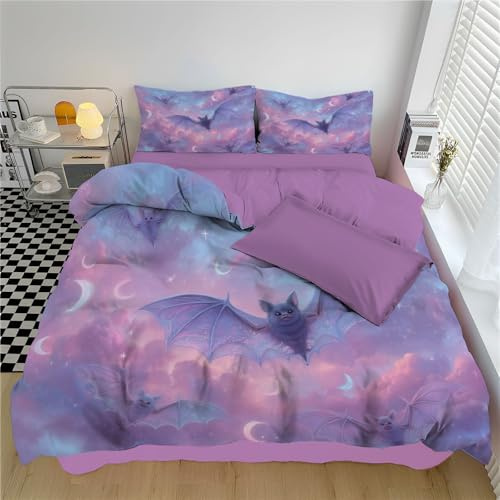 DACRWEKZ Lila Bettwäsche 135×200 cm Gothic-Mysterium Fledermaus, Stern, Mond Kinder Bettwäsche aus Microfaser, Weiche Bettbezug mit Reißverschluss und 1 Kissenbezug 80x80 cm