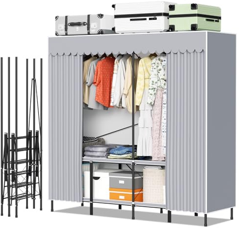 Hebitod Stabiler Stoffkleiderschrank 178×170×48 cm mit Stahlrohr-Gestell, Faltbare Konstruktion mit Verstärkung, Belastbarkeit bis 100 kg, Staub- und Sichtschutz, für kleine Wohnungen