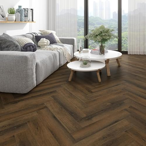 SPC Rigid Plank Flooring Dark Oak Herringbone - Underlay Already Installed - Dark Wood Oak Herringbone Effect - Luxury Quality - Click Installation - Sold Per 2.22m2 Pack
