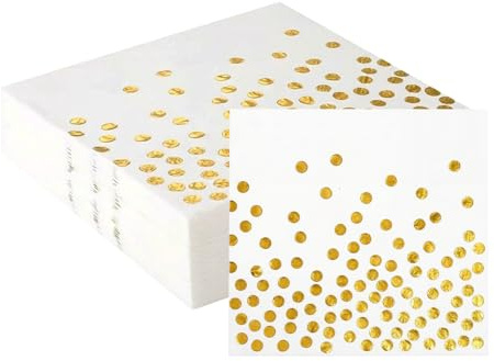 40 Stück Servietten Gold Weiß Punkte, Premium Papierservietten 33x33cm für Party Deko, Cocktailservietten 2-lagig Saugstark, Ideal für Geburtstag Hochzeit Jubiläum Taufe & Feiertagsfeier Tischdeko