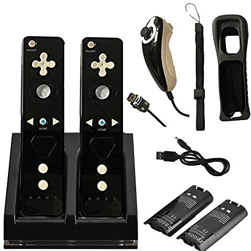 GN-009B 2x Remote & Nunchuk Controller & 1x Charging Dock Controller Includes 2 Pcs of 2800mAh Battery Pack For Nintendo Wii & Wii U Remote - Plum Blossom D-Pad & Triangle (Design B - Black)