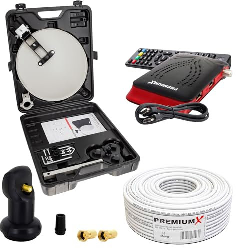 PremiumX Camping SAT Anlage HD TV Satelliten Receiver Single LNB 10m Kabel 2X F-Stecker kompakt im Koffer Camp Zubehör