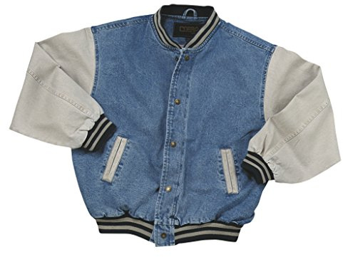 TRENDWAVE SPORTSWEAR Cotton-Washed Vintage Denim Varsity Jacket with Khaki Sleeves (Medium)
