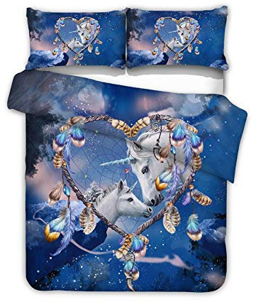 Stillshine A Bettwäsche Set Kind Mädchen Creative 3D Karikatur Himmel Traumfänger Einhorn Fliegendes geflügeltes Pferd Drucken Bettbezug und Kopfkissenbezug (Herzförmiger Traumfänger, 200x200 cm)