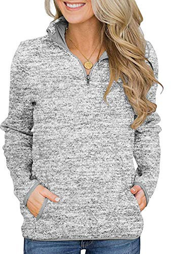 iWoo Womens Casual Quarter Zip Long Sleeve Pullover Tops Sweatshirts Cosy Jumper with Two Pockets Grey S