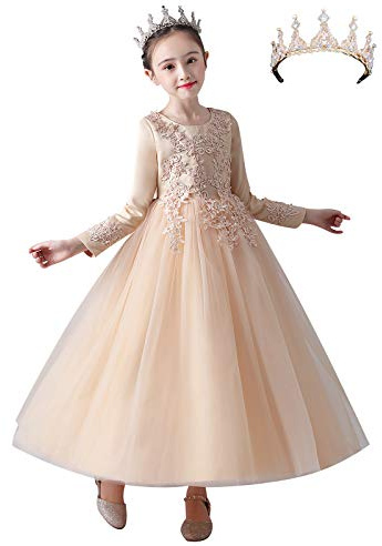 amropi Niñas Vestido de Princesa Fiesta Boda Flor Bordado Largo Manga Tul Vestidos + Corona Champán, 9-10 años