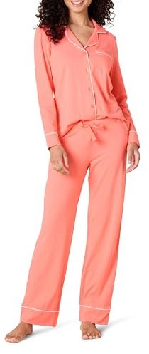 Amazon Essentials Women's Cotton Modal Long-Sleeve Shirt and Full-Length Bottom Pyjama Set, Coral Pink, M