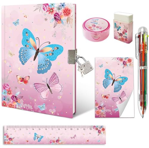GINMLYDA Tagebuch mit Schloss, Kinder-Tagebuch-Set für Mädchen, inklusive Notizbuch, Notizblock, mehrfarbiger Stift, Lineal, Anspitzer, Radiergummi in einem Schreibset (Schmetterling)