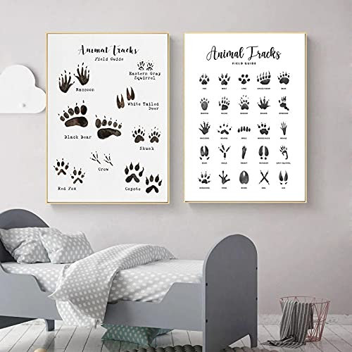 Woodland Animal Tracks Poster Animal Tracking Fußabdrücke Leinwand Malerei Wandkunst Bild Natur Kinderzimmer Dekor 30x45cm-2 Stück Rahmenlos