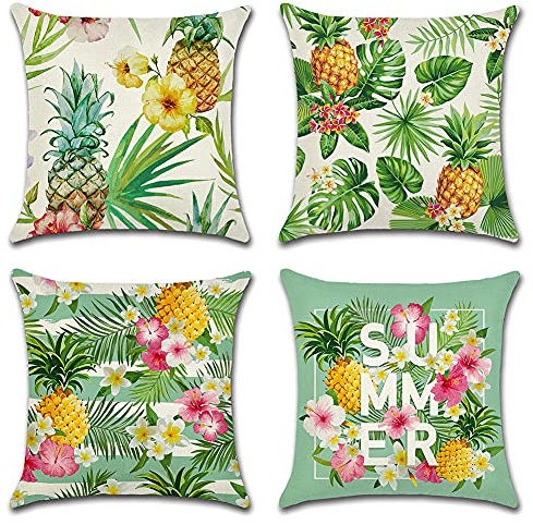 Artscope wasserdichte Kissenbezugen, 4 Stück Tropische Pflanzen und Ananas Kissenhülle Atmungsaktiv Kissen Fall für Outdoor Balkon Terrasse Patio Garten Bauernhaus Dekor 40 x 40cm