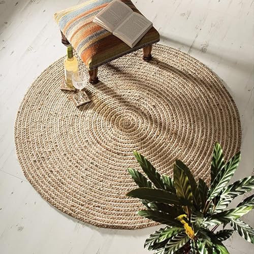 DNR Teppich aus indischer Naturfaser, Jute-Baumwolle, 240 x 240 cm, rund, gewebter Teppich, Woll-geflochten, beige