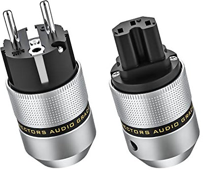 Tertullus Fiche d'alimentation HiFi haut de gamme en aluminium rhodié - Fiche Schuko 16 A 250 V et connecteur à froid - 10 A 250 V 15 A 125 V (rhodié, E820)