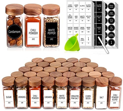 Churboro 48 Spice Jars with 547 Labels and Shaker Lids - Glass - 4 Oz Square Containers with Acacia Wood Lids, Chalk Pen, Funnel Seasoning Jars for Spice Rack, Cabinet, or Drawer