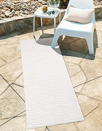 In-& Outdoor Teppich - Läufer 80x250 cm - für Innen-& Außenbereich - Wetterfest Balkon-Teppich, Terrasse, Flur, Küche - Wohnzimmer-Teppiche - Hochtief/ 3D-Effekt - Streifen-Muster in Creme