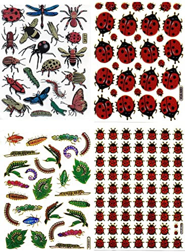 4 Bogen Metallic Glitzer Effekt - Marienkäfer Insekten Spinne Raupe Sticker Aufkleber Sticker Promotion Kindergeburtstag Dekorieren Hobby Basteln Sammeln selbstklebend und vorgestanzt