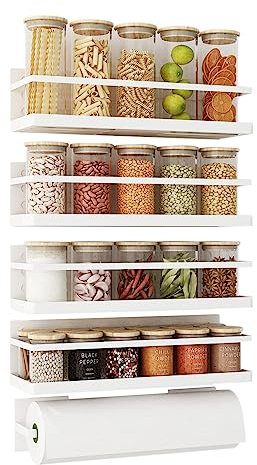 Roysili Magnetic Spice Rack Organizer For Refrigerator Fridge - Space Saving White 2 Pack With Paper Towel Holder