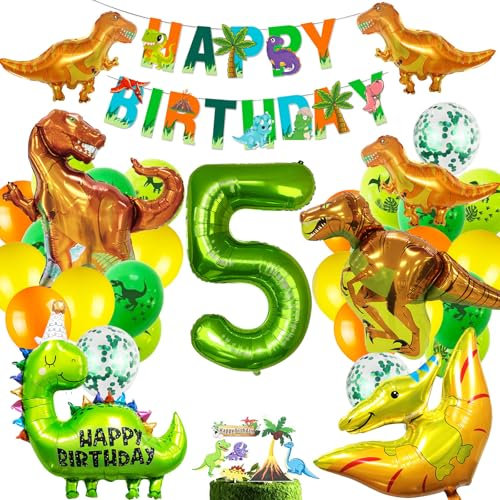 XXL Dinosaurier Geburtstag Deko Set, Geburtstagsdeko 5 Jahr Jungen,Happy Birthday Girlande Luftballons Grün für Dinosaurier Party Dekoration Dschungel Party Kinder