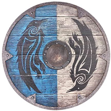 PLGEBR Hölzernes bemaltes Wikinger-Schild, mittelalterliche runde Waffe, Erwachsener Soldat, dekorativ Cosplay-Rüstung, Halloween-Kampfkostüm,