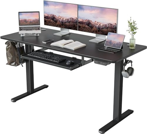 CubiCubi Elektrischer Stehschreibtisch mit Tastaturablage, 140 x 60 cm Stehtisch, Stehpult T-Beine aus Stahl mit 3-Funktions-Memory-Steuerung, Anti-kollisions System, Rollen, Schwarz