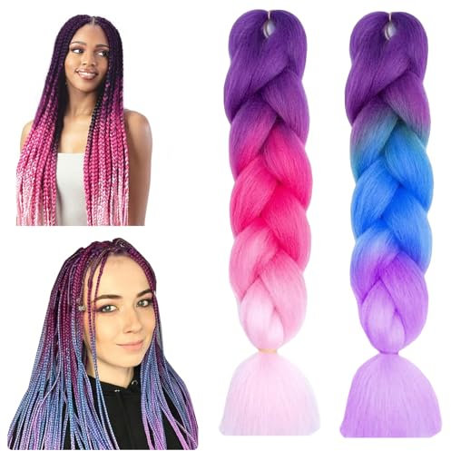 Yoirzit Braids Extensions 2 Stücke, Kunsthaar zum Einflechten 24 Zoll, Jumbo Zöpfe Box Zöpfe Haare zum Einflechten Bunte Haarverlängerung Kunsthaare Haare Flechten für Frauen Girls Kinder Festival