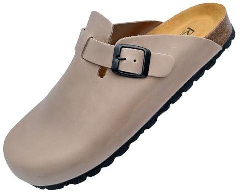 GONKOS®, Lederclogs mit Kork-Einlegesohle, echtes Leder, Naturkork, verstellbare Schnalle am Fuß, Herren-/Damensandalen, Qualitätssandalen, Made in Spain, Farbe Stein, Größe 40