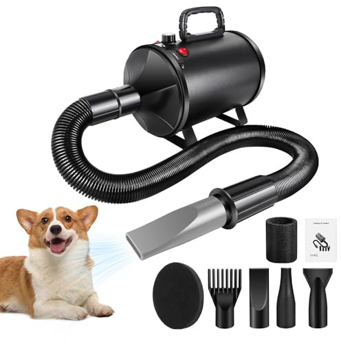 Soffiatore per Cani 2800 W, Asciugatrice per Cani, velocità e Temperatura Regolabile, Asciugacapelli per Animali Domestici con 4 Ugelli