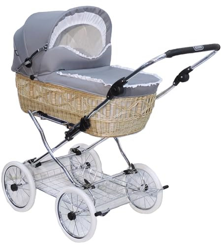 EICHHORN Kinderwagen Weidenkorb - Kinderwagen aus echter Weide, handgeflochten, Korb Natur, Stoff Grau