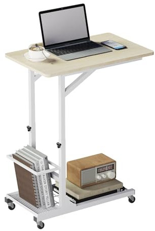 uyoyous Beistelltisch,C-Form, Sofatisch mit Rollen,mobiler Schreibtisch,couchtisch Belastbarkeit 20 kg,Höhenverstellbarer Winkel,laptoptisch mit stauraum,64 x 40 x 55 cm (weiß-braun)
