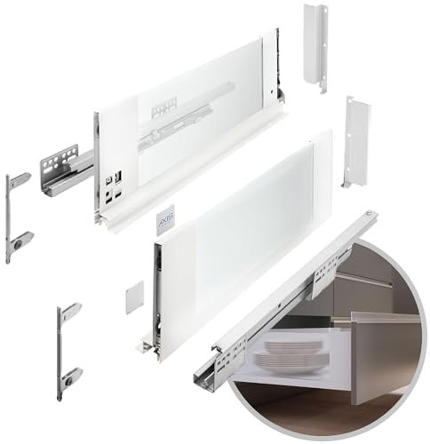 GTV - Schubladensystem AXIS PRO | Schublade mit Glasseiten | Schubkasten | Schubkastensystem | Höhe: 167 mm Länge: 300 mm | Weiß mit milchigem Glas