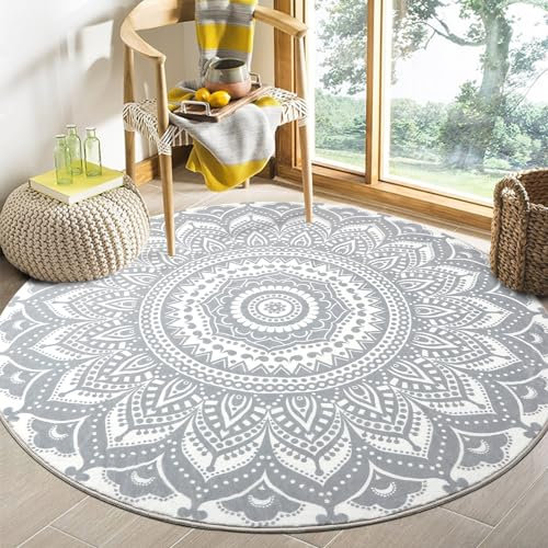 Capslpad Böhmisch Runder Teppiche Ø135cm Groß rutschfest Wohnzimmer Teppich Waschbar Flauschiger Schlafzimmer Vorleger Weich Boden Matte Teppiche für Kinderzimmer, Wohnzimmer, Badezimmer Dekor, Grau
