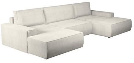 Vente-unique Wohnlandschaft mit Schlaffunktion - Samtcord - Cremefarben - Amelia