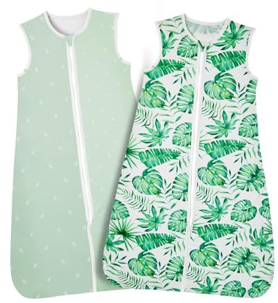 Lictin Sommerschlafsack Baby 2er Pack, 0.5 Tog Babyschlafsack Sommer, Schlafsack Baby für 18-36 Monate, Sommerschlafsack mit Einstellbarer Länge 83-99cm, Schlafsack Kinder Grün + Grünpflanze