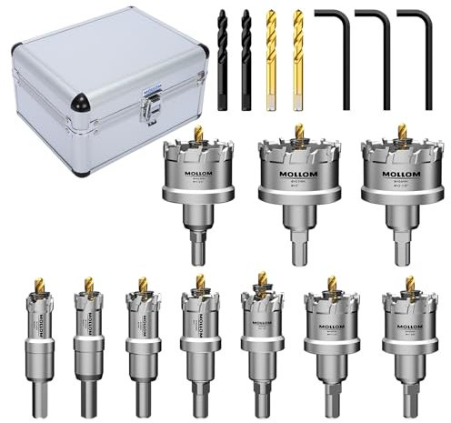 MOLLOM 10piezas (16-54 mm) Kit de Sierra de Carburo TCT para metal duro, que incluye con 5 brocas piloto adicionales y 3 llaves hexagonales