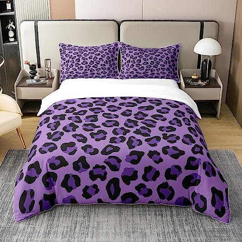 Loussiesd Leopard Drucken 100% Baumwoll Bettwäsche Set 135x200cm Kinder Cheetah Betten Set Safari Tier Bettbezug Set Baumwoll Bettwäsche Set für Schlafzimmer Lila Rosa Schwarz Bettwäsche-Set