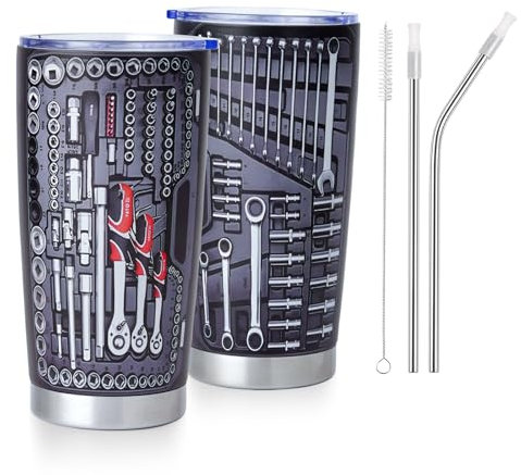 Grexenta Funny Tumblers 20 oz with Lid and Straw - Vacuum Insulated Mechanic Toolbox Design Cup for Hot and Cold Drinks Restaurant Office Gym (Black)