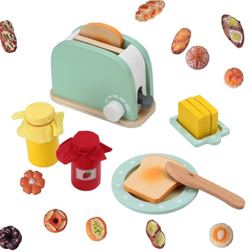 Hojalis Wooden Pop-Up Toaster Set, 23 Pcs Kitchen Accessories With Bread, Butter, Jam, Cake, Pretend Play Breakfast Set, Kitchen Toys, Play Food for Kids