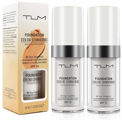 2PCS Farbwechselnde Foundation, Concealer Abdeckung Makellose Color Changing Foundation Grundierung Versteckt Falten und Linien, Feuchtigkeitsspendende Flüssige Make up Cream für Ganzen Tag, SPF15
