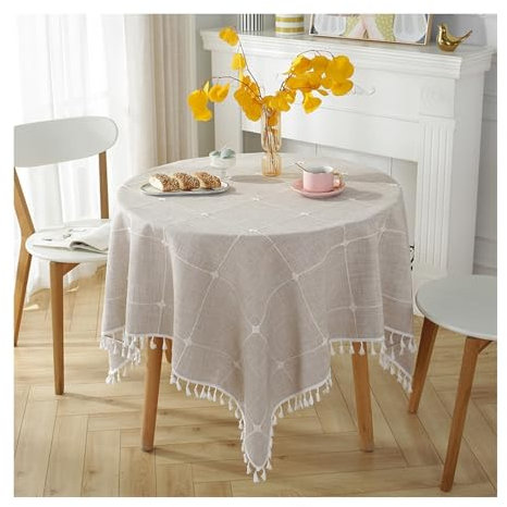 Abwaschbare Tischdecke Braun, Polyester Tablecloth Karomuster Tischdecke Outdoor Rund Round 140CM für Wohnzimmer, Esszimmer, Balkon, Garten