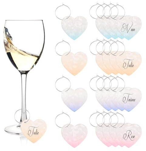 URROMA 20Pcs Heart pattern Acrylic Wine Glass Charms Gradient Colors Wedding Drink Identifiers Wine Glass Accessories Cup Markers for Party Favors