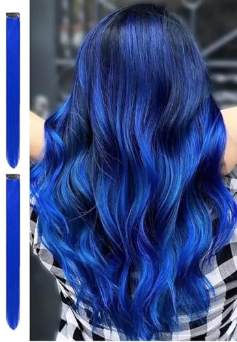 2 x Clip-In Hair Extension Highlights Streaks, Colourful Hair Highlights (Dark Blue)