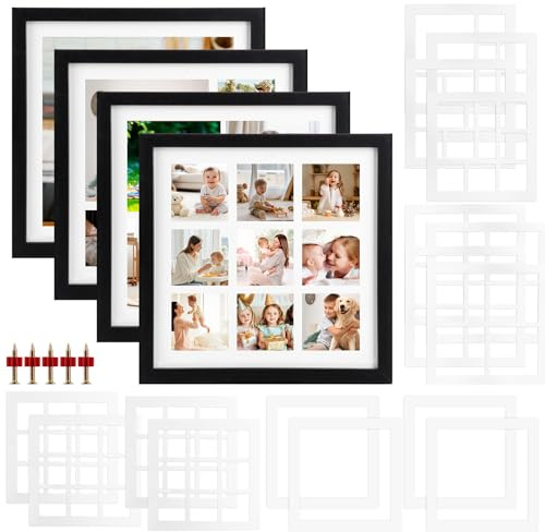 Oungy 4 Stück Bilderrahmen Collage mit 4 Arten von Passepartouts, insgesamt 16 Blatt, Bilderrahmen Mehrere Bilder Fotorahmen für Mehrere Fotos, 25x25 cm Bilderrahmene Schwarz für Mehrere Bilder
