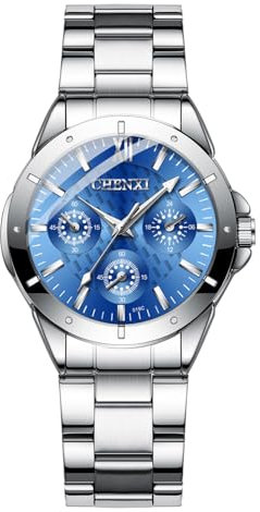JewelryWe Damenuhr Edelstahl Leuchtende Uhren: 30m Wasserdicht Analog Quarz Armbanduhr Damen DREI Augen Silber Edelstahlarmband Geschäft Lässige Uhr mit Blau Römischen Ziffern Balkenskala Zifferblatt