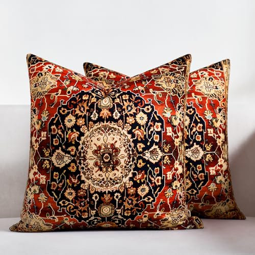 Kissenbezüge 40X40 Kissenbezug Boho Doppelseitig Kissenhülle Böhmen Rot Deko Kissenbezug Samt Soft Zierkissenbezüge 2er Set Retro Ethno Kopfkissenbezug für Sofa Schlafzimmer Wohnzimmer Dekoration